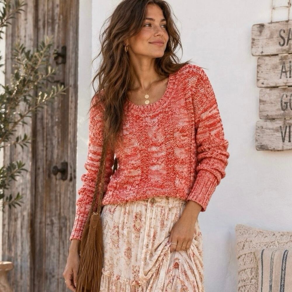 Free People Red/ Orange & Cream Marled Cable Knit Sweater Cotton Blend Size S